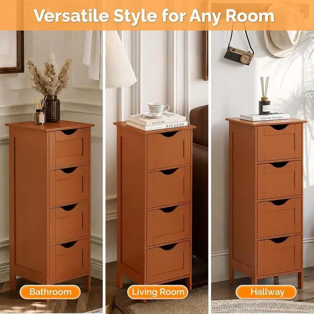 Alt view image 7 of 7 - Skinny Bathroom Floor Storage Cabinet,White 12 Inch Wide Deep Small Storage Organizer with 4 Drawers, Brown Wooden Modern Thin Free Standing Tower Cabinet for Bathroom, Living Room