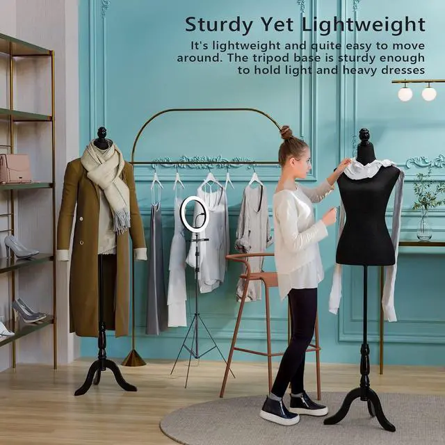 Alt view image 6 of 7 - Female Dress Form Pinnable Mannequin Body Torso with Wooden Tripod Base Stand (Black, 6)