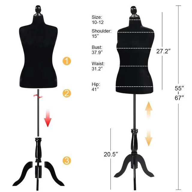 Alt view image 2 of 7 - Female Dress Form Size 10-12, Adjustable Height Torso Body with Upgraded Tripod Stand, Medium Size Mannequin for Sewing and Display (10-12, Black)