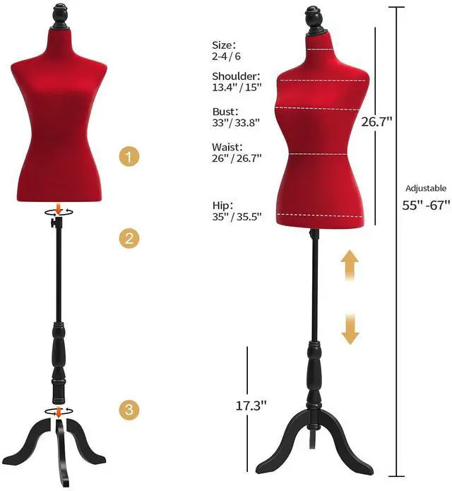 Alt view image 2 of 7 - Female Dress Form Pinnable Mannequin Body Torso with Wooden Tripod Base Stand (Red, 6)