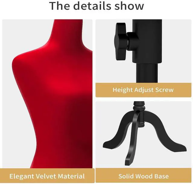 Alt view image 4 of 7 - Female Dress Form Pinnable Mannequin Body Torso with Wooden Tripod Base Stand (Red, 6)