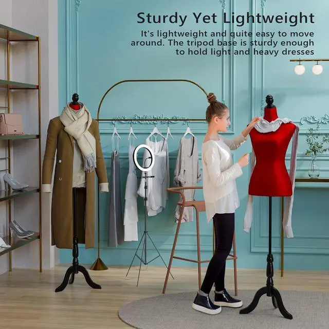 Alt view image 6 of 7 - Female Dress Form Pinnable Mannequin Body Torso with Wooden Tripod Base Stand (Red, 6)