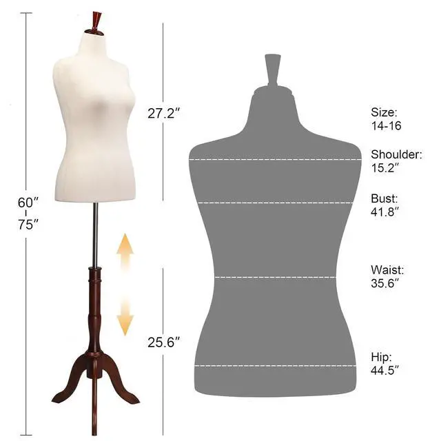 Alt view image 2 of 7 - Female Dress Form Size 10-16, Adjustable Height Torso Body with Upgraded Tripod Stand, Medium Size Mannequin for Sewing and Display (14-16, Cream1)