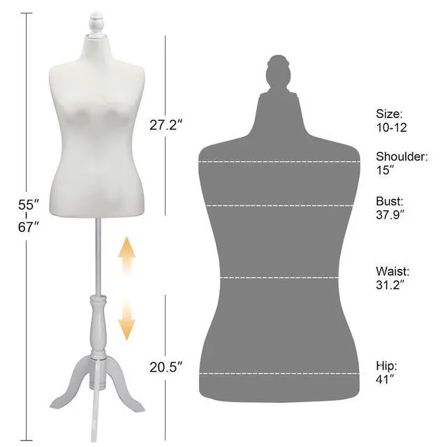 Alt view image 2 of 7 - Female Dress Form Pinnable Mannequin Body Torso with Wooden Tripod Base Stand (White, 10-12)