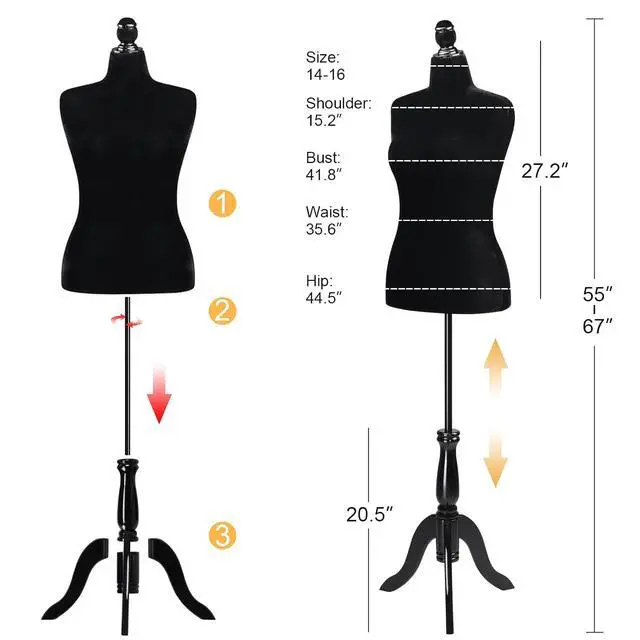 Alt view image 2 of 7 - Female Dress Form Size 10-16, Adjustable Height Torso Body with Upgraded Tripod Stand, Medium Size Mannequin for Sewing and Display (14-16, Black)