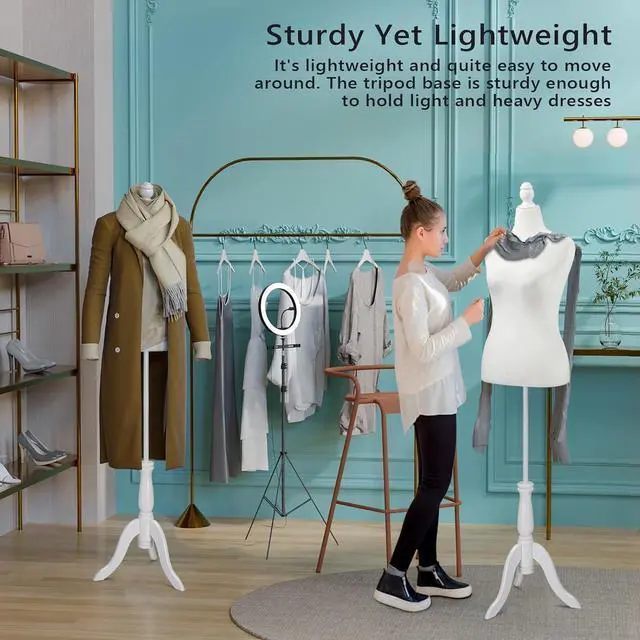 Alt view image 6 of 7 - Female Dress Form Pinnable Mannequin Body Torso with Wooden Tripod Base Stand (White, 14-16)