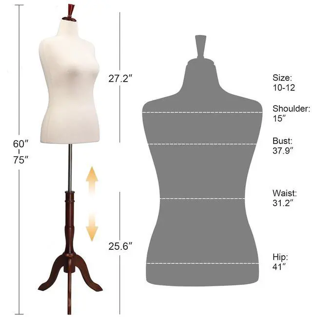 Alt view image 2 of 7 - Female Dress Form Pinnable Mannequin Body Torso with Wooden Tripod Base Stand (Beige, 10-12)