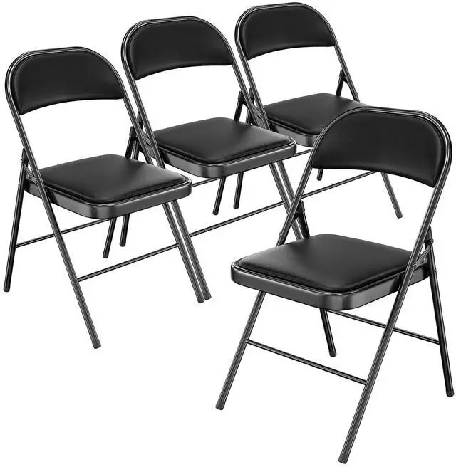 Main image of Folding Chair with Comfortable Padded Cushion and Back, Portable Folding Chairs for Outside, Office Events, Weddings, Pu Leather, 4 Black