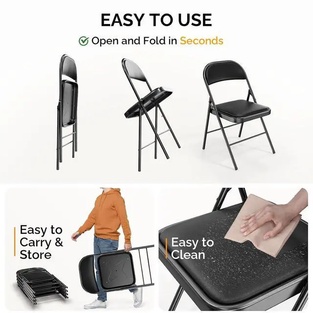 Alt view image 6 of 7 - Folding Chair with Comfortable Padded Cushion and Back, Portable Folding Chairs for Outside, Office Events, Weddings, Pu Leather, 4 Black