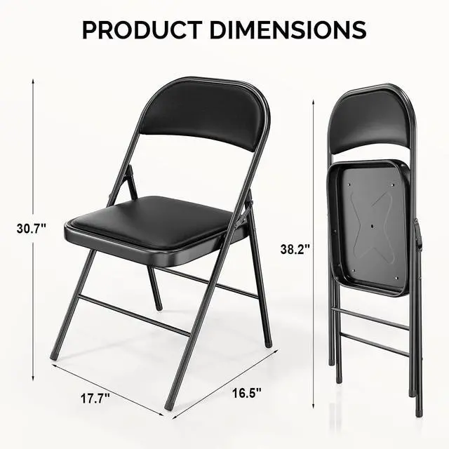 Alt view image 3 of 7 - Folding Chair with Comfortable Padded Cushion and Back, Portable Folding Chairs for Outside, Office Events, Weddings, Pu Leather, 4 Black