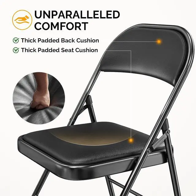 Alt view image 4 of 7 - Folding Chair with Comfortable Padded Cushion and Back, Portable Folding Chairs for Outside, Office Events, Weddings, Pu Leather, 4 Black