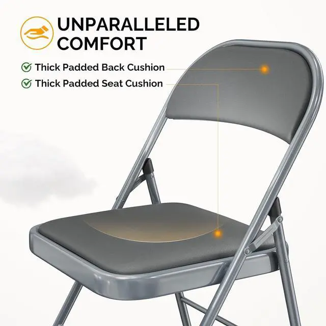 Alt view image 4 of 7 - Folding Chair with Comfortable Padded Cushion and Back, Portable Folding Chairs for Outside, Office Events, Weddings, Pu Leather, 4 Gray