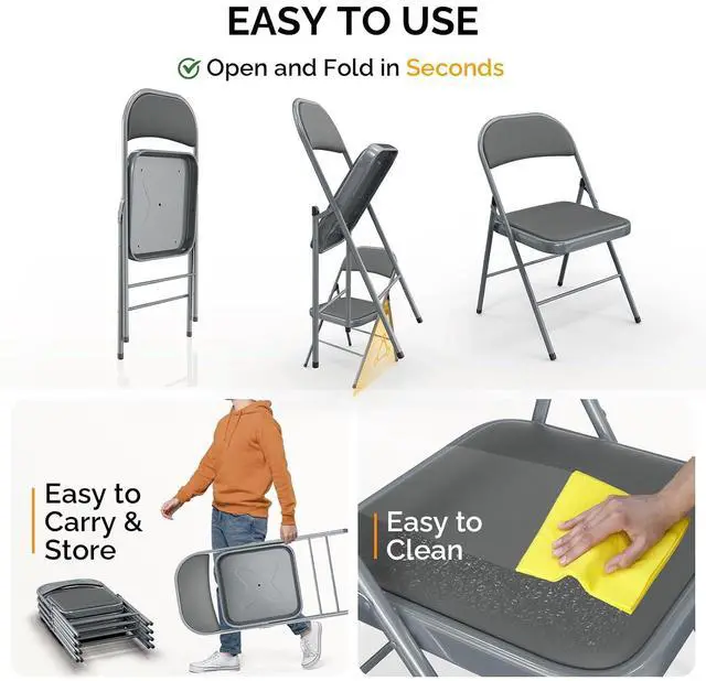 Alt view image 6 of 7 - Folding Chair with Comfortable Padded Cushion and Back, Portable Folding Chairs for Outside, Office Events, Weddings, Pu Leather, 4 Gray