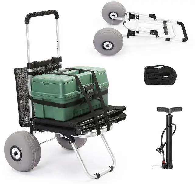 Main image of Adjustable Beach Wagon for Sand with 11" All Terrain Wheels | Balloon Wheels, Foldable Fishing Cart, 220lbs Capacity, Height Adjustable Handle, Mesh Bag