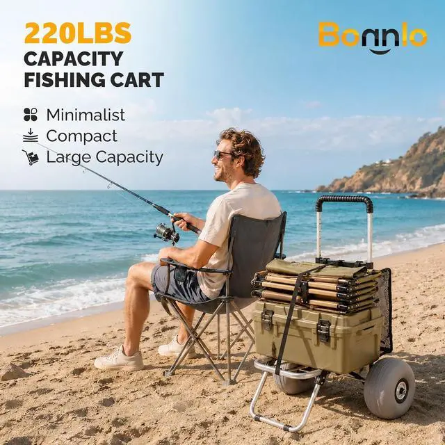 Alt view image 2 of 7 - Adjustable Beach Wagon for Sand with 11" All Terrain Wheels | Balloon Wheels, Foldable Fishing Cart, 220lbs Capacity, Height Adjustable Handle, Mesh Bag