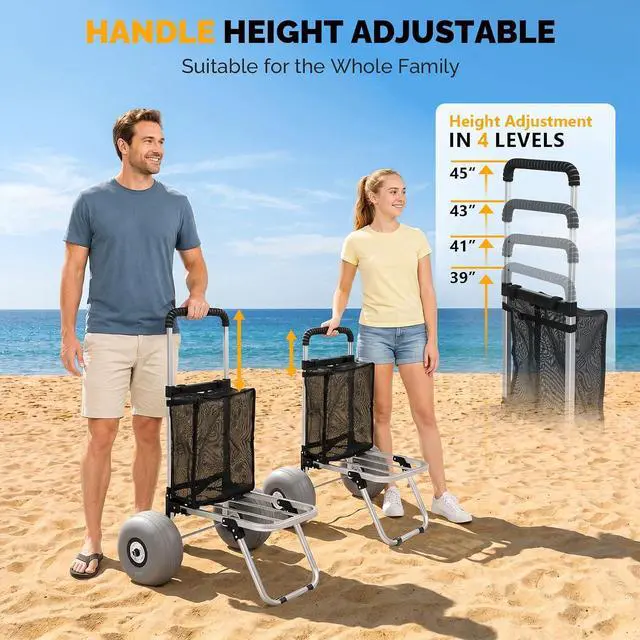 Alt view image 6 of 7 - Adjustable Beach Wagon for Sand with 11" All Terrain Wheels | Balloon Wheels, Foldable Fishing Cart, 220lbs Capacity, Height Adjustable Handle, Mesh Bag