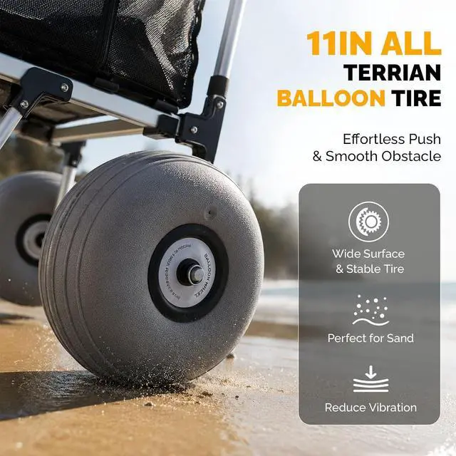 Alt view image 4 of 7 - Adjustable Beach Wagon for Sand with 11" All Terrain Wheels | Balloon Wheels, Foldable Fishing Cart, 220lbs Capacity, Height Adjustable Handle, Mesh Bag