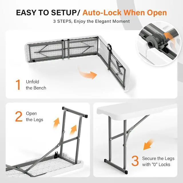 Alt view image 3 of 7 - 6 FT Plastic Folding Bench with Handle, Sturdy Metal Frame, Perfect for Indoor/Outdoor Party, Picnic, Camping, Restaurant, Dinning Room, Cafe, Wedding and Commercial Events,2P