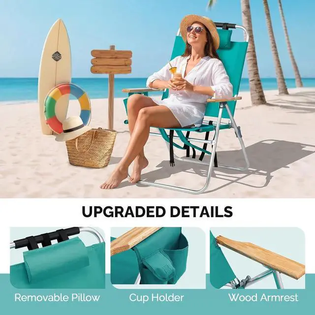 Alt view image 4 of 6 - 17 Lightweight High Backpack Beach Chair, 2 Pack Portable Tall Beach Chairs for Adults with Side Bag. 3 Level Adjustable Positions for Camping Patio and Picnic