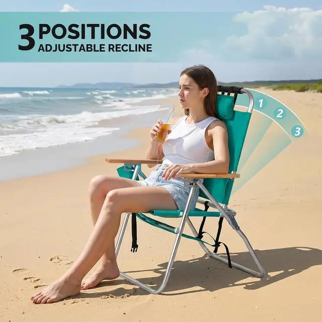 Alt view image 5 of 6 - 17 Lightweight High Backpack Beach Chair, 2 Pack Portable Tall Beach Chairs for Adults with Side Bag. 3 Level Adjustable Positions for Camping Patio and Picnic