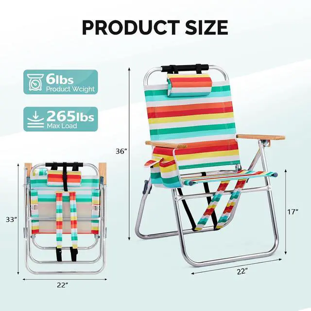 Alt view image 3 of 7 - 17 Lightweight High Backpack Beach Chair, 2 Pack Portable Tall Beach Chairs for Adults with Side Bag. 3 Level Adjustable Positions for Camping Patio and Picnic
