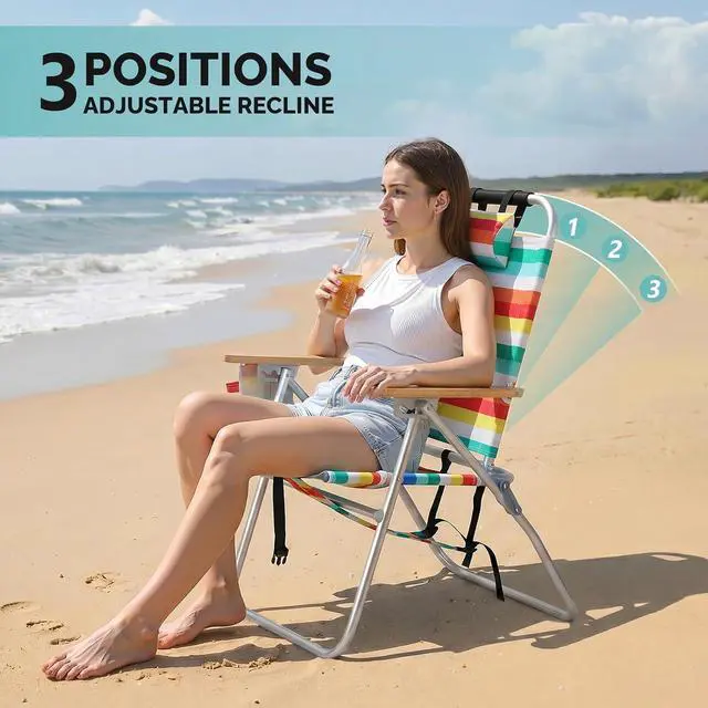 Alt view image 5 of 7 - 17 Lightweight High Backpack Beach Chair, 2 Pack Portable Tall Beach Chairs for Adults with Side Bag. 3 Level Adjustable Positions for Camping Patio and Picnic