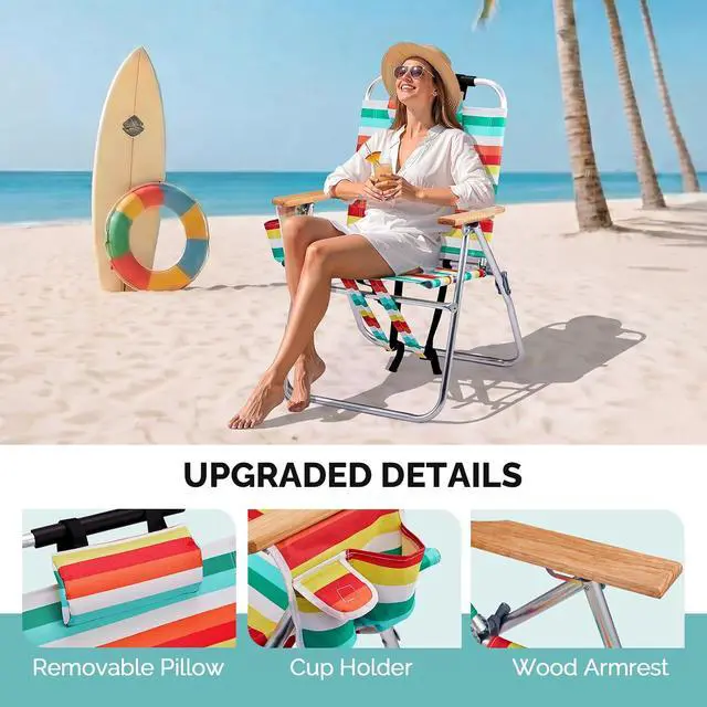 Alt view image 4 of 7 - 17 Lightweight High Backpack Beach Chair, 2 Pack Portable Tall Beach Chairs for Adults with Side Bag. 3 Level Adjustable Positions for Camping Patio and Picnic