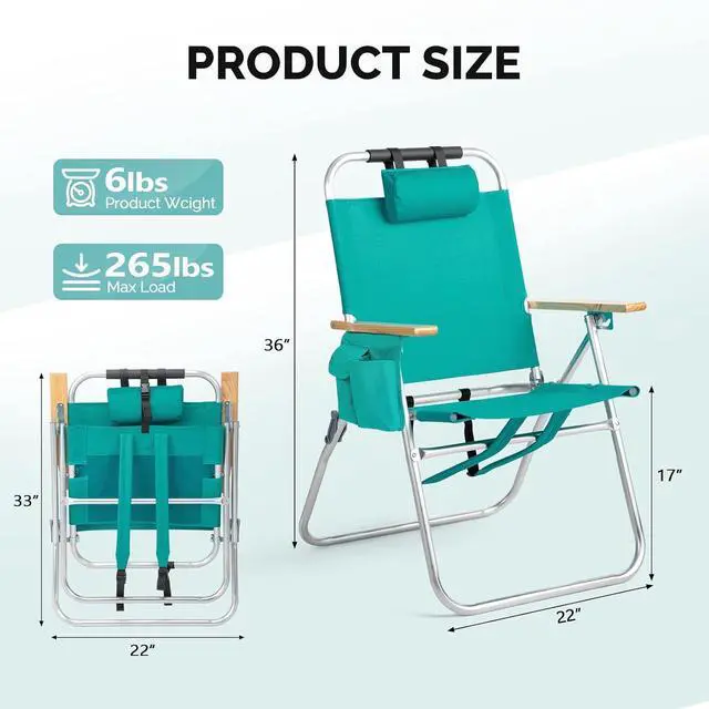 Alt view image 2 of 6 - 17 Lightweight High Backpack Beach Chair, 2 Pack Portable Tall Beach Chairs for Adults with Side Bag. 3 Level Adjustable Positions for Camping Patio and Picnic