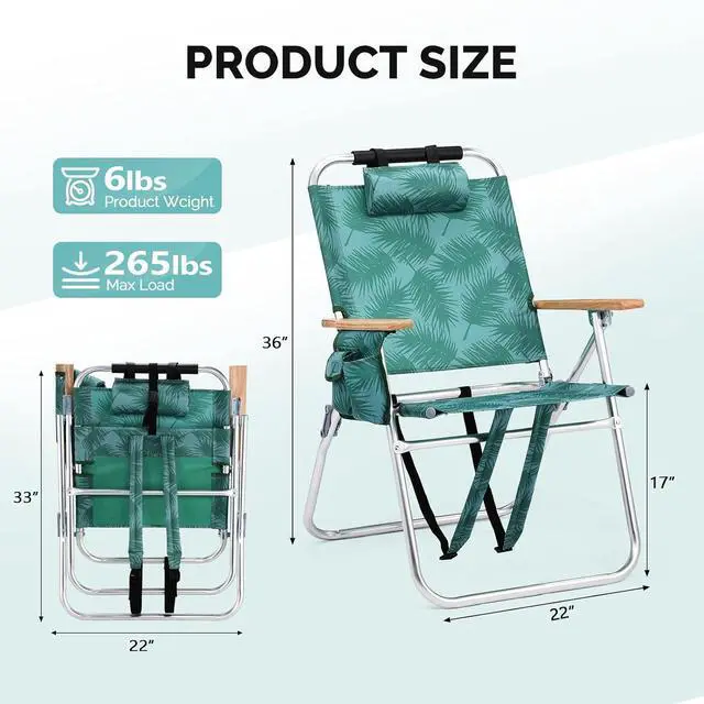 Alt view image 3 of 6 - 17 17 Lightweight High Backpack Beach Chair, 2 Pack Portable Tall Beach Chairs for Adults with Side Bag. 3 Level Adjustable Positions for Camping Patio and Picnic