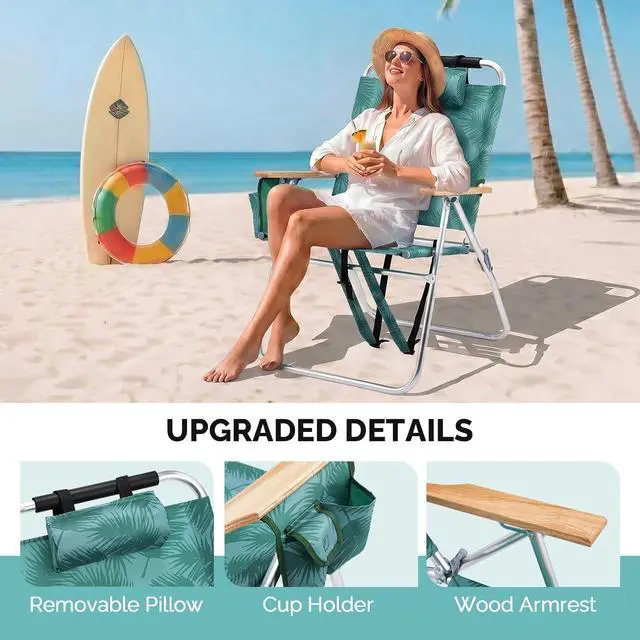 Alt view image 4 of 6 - 17 17 Lightweight High Backpack Beach Chair, 2 Pack Portable Tall Beach Chairs for Adults with Side Bag. 3 Level Adjustable Positions for Camping Patio and Picnic