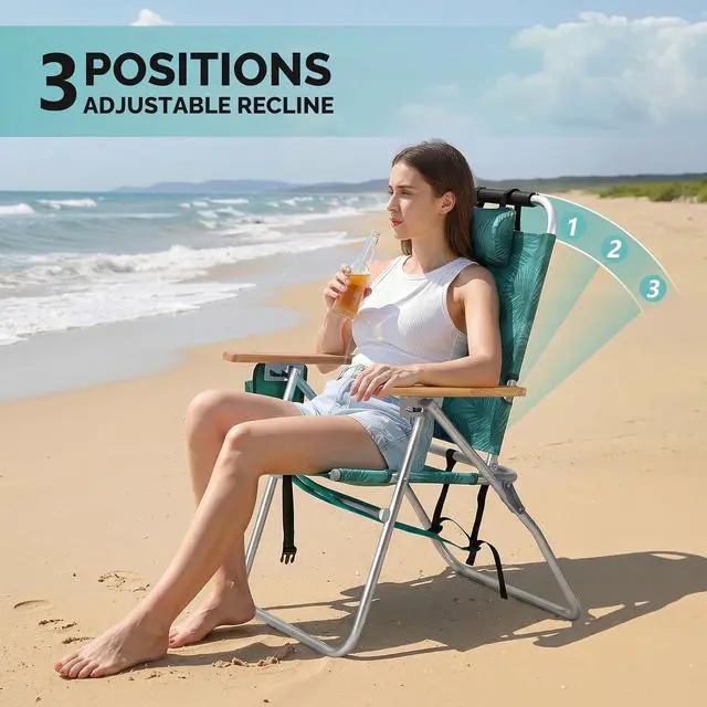 Alt view image 5 of 6 - 17 17 Lightweight High Backpack Beach Chair, 2 Pack Portable Tall Beach Chairs for Adults with Side Bag. 3 Level Adjustable Positions for Camping Patio and Picnic