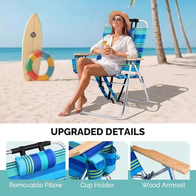 Alt view image 4 of 6 - 17 Lightweight High Backpack Beach Chair, 2 Pack Portable Tall Beach Chairs for Adults with Side Bag. 3 Level Adjustable Positions for Camping Patio and Picnic