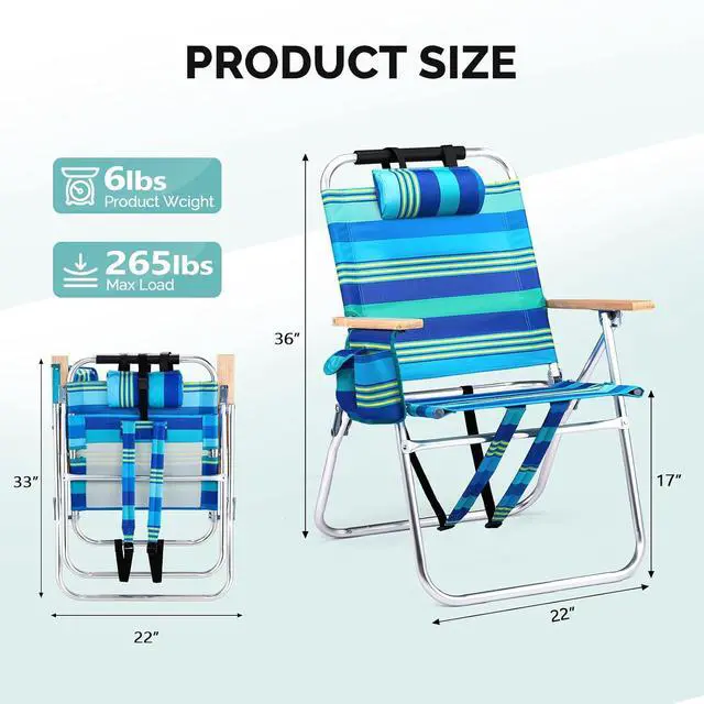 Alt view image 3 of 6 - 17 Lightweight High Backpack Beach Chair, 2 Pack Portable Tall Beach Chairs for Adults with Side Bag. 3 Level Adjustable Positions for Camping Patio and Picnic