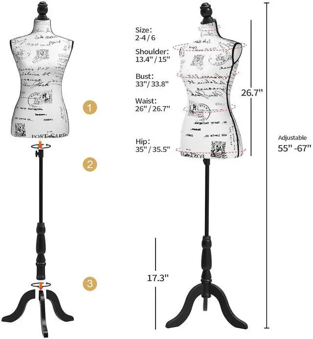 Alt view image 2 of 7 - Female Dress Form Pinnable Mannequin Body Torso with Wooden Tripod Base Stand (Monogram Pattern, 6)