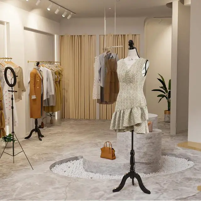 Alt view image 7 of 7 - Female Dress Form Pinnable Mannequin Body Torso with Wooden Tripod Base Stand (Monogram Pattern, 6)