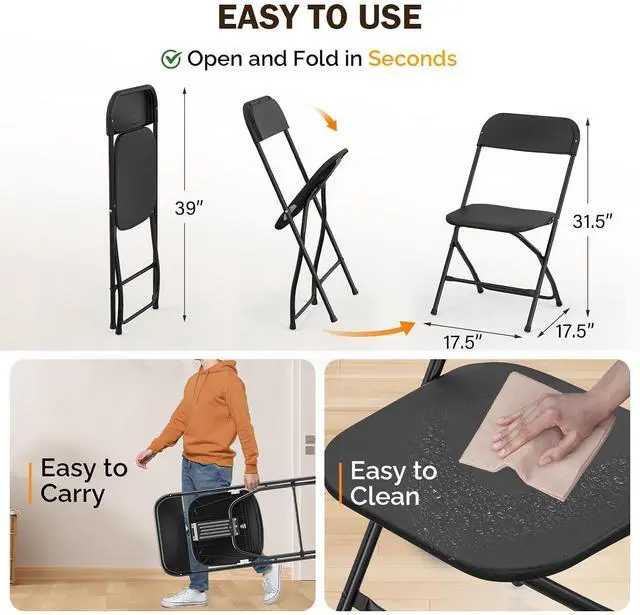 Alt view image 3 of 7 - Folding Chairs Set of 6, Black Plastic Chair Sturdy Seat with Metal Frame, Perfect for Party, Event, Wedding, Birthday, Office, Outside Entertaining