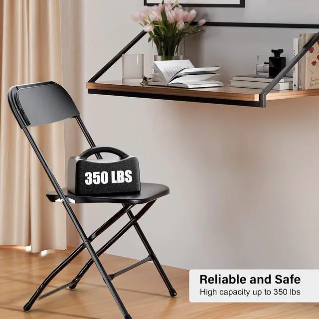 Alt view image 5 of 7 - Black Plastic Folding Chairs, Set of 2, Heavy-Duty Commercial Seats with Steel Frame, 350 lb Capacity, for Indoor & Outdoor Events, Office, Wedding, Party & Dining (2, Black, S)