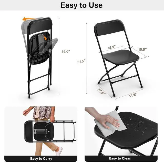 Alt view image 3 of 7 - Folding Chairs Set of 10, Black Plastic Chair Sturdy Seat with Metal Frame, Perfect for Party, Event, Wedding, Birthday, Office, Outside Entertaining