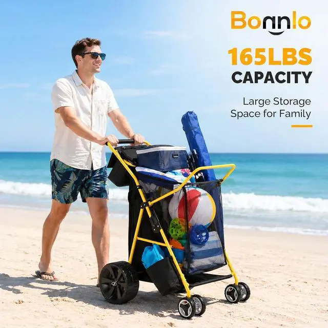 Alt view image 2 of 7 - Beach Cart with 11 Solid Wheels, 165 LBS Heavy Duty Beach Dolly with Big Wheels for Sand, Foldable Utility Sand Wagon with Insulated Cooler Bag for Camping & Fishing (Solid Wheel)