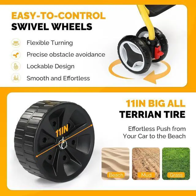 Alt view image 6 of 7 - Beach Cart with 11 Solid Wheels, 165 LBS Heavy Duty Beach Dolly with Big Wheels for Sand, Foldable Utility Sand Wagon with Insulated Cooler Bag for Camping & Fishing (Solid Wheel)