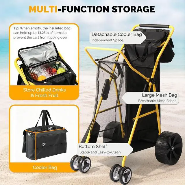Alt view image 7 of 7 - Beach Cart with 11 Solid Wheels, 165 LBS Heavy Duty Beach Dolly with Big Wheels for Sand, Foldable Utility Sand Wagon with Insulated Cooler Bag for Camping & Fishing (Solid Wheel)