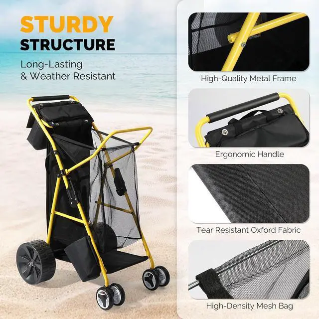 Alt view image 5 of 7 - Beach Cart with 11 Solid Wheels, 165 LBS Heavy Duty Beach Dolly with Big Wheels for Sand, Foldable Utility Sand Wagon with Insulated Cooler Bag for Camping & Fishing (Solid Wheel)