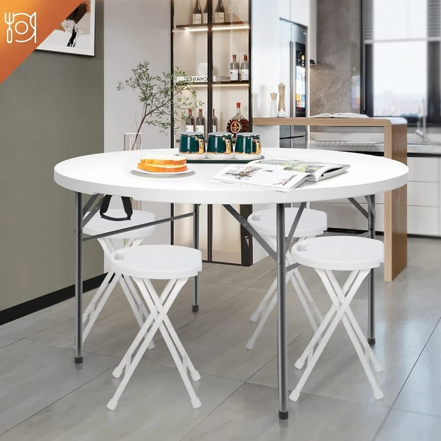 Alt view image 3 of 7 - Round Folding Table 5ft, Portable Collapsible Plastic White Card Tables for Party, Banquet, Craft, Dining, Wedding, Outdoor and Indoor Use