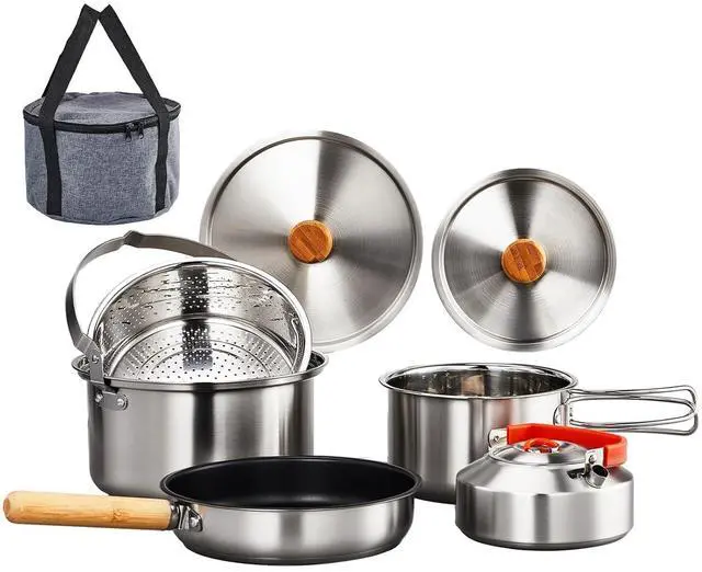 Main image of Camping Cookware Set, 6 Pcs 304 Stainless Steel Camp Pots and Pans with Kettle, Steamer Basket & Lids, Travel Tote Bag Included for Outdoor Cooking, Works on Gas, Electric & Induction Cooktops