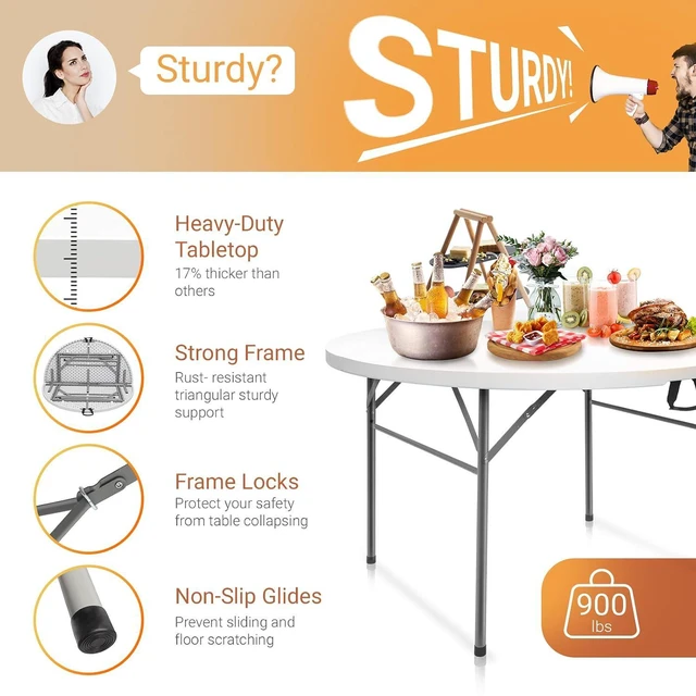 Alt view image 7 of 7 - Round Folding Table 5ft, Portable Collapsible Plastic White Card Tables for Party, Banquet, Craft, Dining, Wedding, Outdoor and Indoor Use