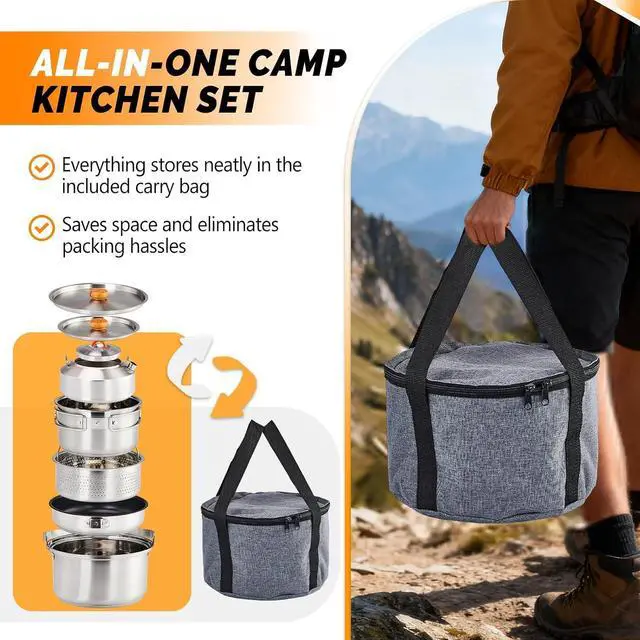 Alt view image 2 of 7 - Camping Cookware Set, 6 Pcs 304 Stainless Steel Camp Pots and Pans with Kettle, Steamer Basket & Lids, Travel Tote Bag Included for Outdoor Cooking, Works on Gas, Electric & Induction Cooktops