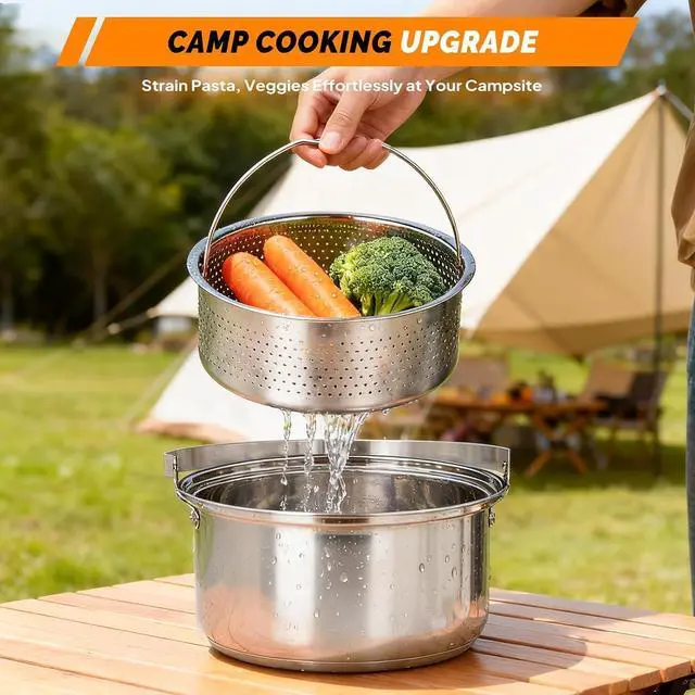 Alt view image 4 of 7 - Camping Cookware Set, 6 Pcs 304 Stainless Steel Camp Pots and Pans with Kettle, Steamer Basket & Lids, Travel Tote Bag Included for Outdoor Cooking, Works on Gas, Electric & Induction Cooktops