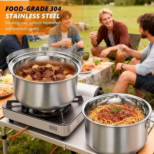 Alt view image 5 of 7 - Camping Cookware Set, 6 Pcs 304 Stainless Steel Camp Pots and Pans with Kettle, Steamer Basket & Lids, Travel Tote Bag Included for Outdoor Cooking, Works on Gas, Electric & Induction Cooktops