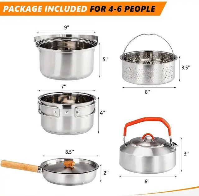 Alt view image 7 of 7 - Camping Cookware Set, 6 Pcs 304 Stainless Steel Camp Pots and Pans with Kettle, Steamer Basket & Lids, Travel Tote Bag Included for Outdoor Cooking, Works on Gas, Electric & Induction Cooktops