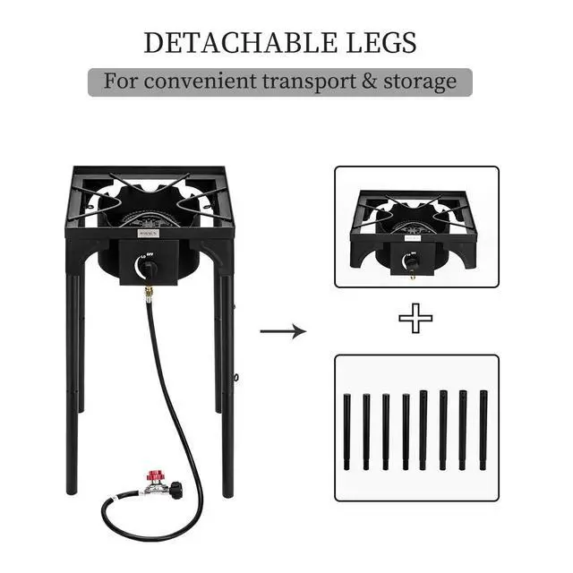 Alt view image 5 of 7 - Outdoor Portable Propane Stove Gas Cooker, Heavy Duty Iron Cast Patio Burner with Detachable Stand Legs for Camp Cooking (1-Burner 100,000-BTU)